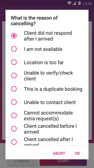 Mobile App Cancel booking screen