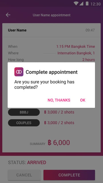 Mobile App Complete booking screen
