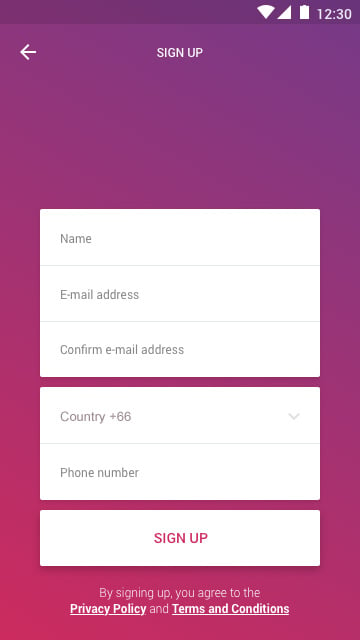 Mobile App Sign up screen