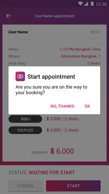 Mobile App Start booking screen